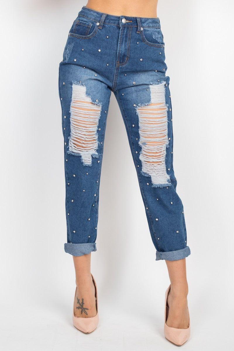 Rhinestone Ripped Jeans
